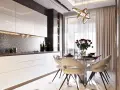 Cucina moderna con ante lucide bianche, un elegante paraschizzi a nido d'ape e un tavolo da pranzo con sedie imbottite, il tutto in uno stile contemporaneo chic.