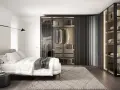 Elegante armadio angolare misure personalizzabili, con ante in vetro e illuminazione interna, che valorizza un guardaroba ordinato.