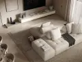 Soggiorno con divano componibile beige, tappeto a pelo lungo e un tavolo da pranzo. L'arredamento minimalista crea un'atmosfera serena.