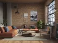 Soggiorno con divano arancione, tavolino rotondo e poltrona in legno. Pareti in mattoni a vista e grande finestra definiscono l'arredamento industrial chic.