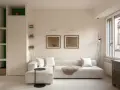 Soggiorno moderno con divano bianco, quadri antichi e un mobile etnico. Idee per case belle da copiare.