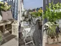 Idee per arredare balcone piccolo e stretto: un angolo relax con cuscini e pelliccia, un tavolino da esterno con fiori primaverili e un pratico set da giardinaggio.