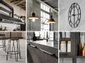 Arredamento industrial: cappa in metallo, lampade a sospensione, orologio da parete, sgabelli e dettagli di cucina.