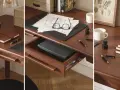Idee organizzazione scrivania: taccuini in pelle, penne, occhiali e disegni su una scrivania in legno scuro.