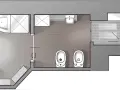 Pianta di un bagno con doccia, lavabo, due WC e un bidet, che illustra le misure minime antibagno.