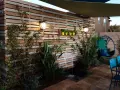 Giardino incantevole con idee creative con bancali: una parete in legno, cascata, piante rigogliose e una sedia sospesa a forma di pavone.