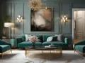 Elegante soggiorno con divano verde smeraldo, poltrone, tavolino dorato e un quadro astratto. L'arredamento vintage casa crea un'atmosfera sofisticata.