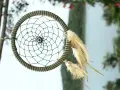 Acchiappasogni fai da te con perline e piume, decorato con un occhio blu al centro, appeso tra alberi e fiori.
