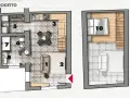 Pianta di un monolocale di 20 mq: zona giorno con divano (1) e tappeto (2), cucina (3), tavolo da pranzo (4), bagno (6, 7, 9), camera da letto soppalcata (10).