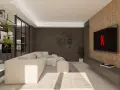 Accogliente soggiorno stile industriale con divano bianco, libreria metallica e TV su parete in legno.