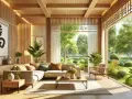 Soggiorno luminoso con divano angolare, tavolino in legno e vista su un giardino rigoglioso. L'arredamento feng shui crea un'atmosfera serena e armoniosa.
