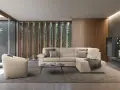 Soggiorno moderno con divano angolare beige, poltrona, tavolino e parete attrezzata con cantinetta. Ottime idee parete soggiorno.