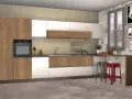 Cucina 10 mq rettangolare con mobili in legno e bianchi, piano di lavoro in pietra, sgabelli rossi e grigi, e una finestra con vista sulla città.
