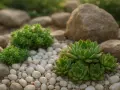 Aiuola piante grasse con rocce e ciottoli bianchi. Le succulente verdi spiccano tra i sassi.