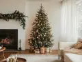 Un albero di Natale come addobbarlo: luci calde, palline dorate e regali sotto. Un camino acceso e una ghirlanda completano l'atmosfera festiva.