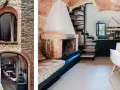 Interno di piccole case in pietra con camino, scala a chiocciola e cucina moderna. Esterno con finestre ad arco in pietra e mattoni.
