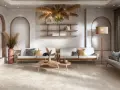 Soggiorno con divani in legno e tessuto, tavolini in legno, piante di pampas e lampada in rattan. Stili di arredamento contemporaneo con archi in nicchia.