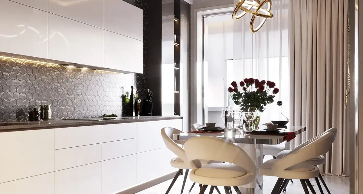 Cucina moderna con ante lucide bianche, un elegante paraschizzi a nido d'ape e un tavolo da pranzo con sedie imbottite, il tutto in uno stile contemporaneo chic.