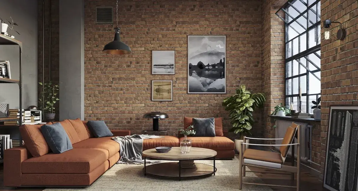 Soggiorno con divano arancione, tavolino rotondo e poltrona in legno. Pareti in mattoni a vista e grande finestra definiscono l'arredamento industrial chic.