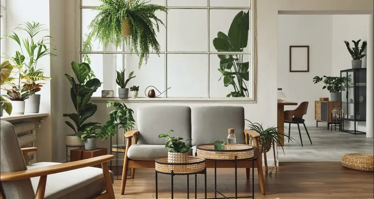 Salotto con divano grigio, poltrone in legno e tante piante. Un angolo che evoca uno stile jungle chic, con un'atmosfera rilassante e naturale.