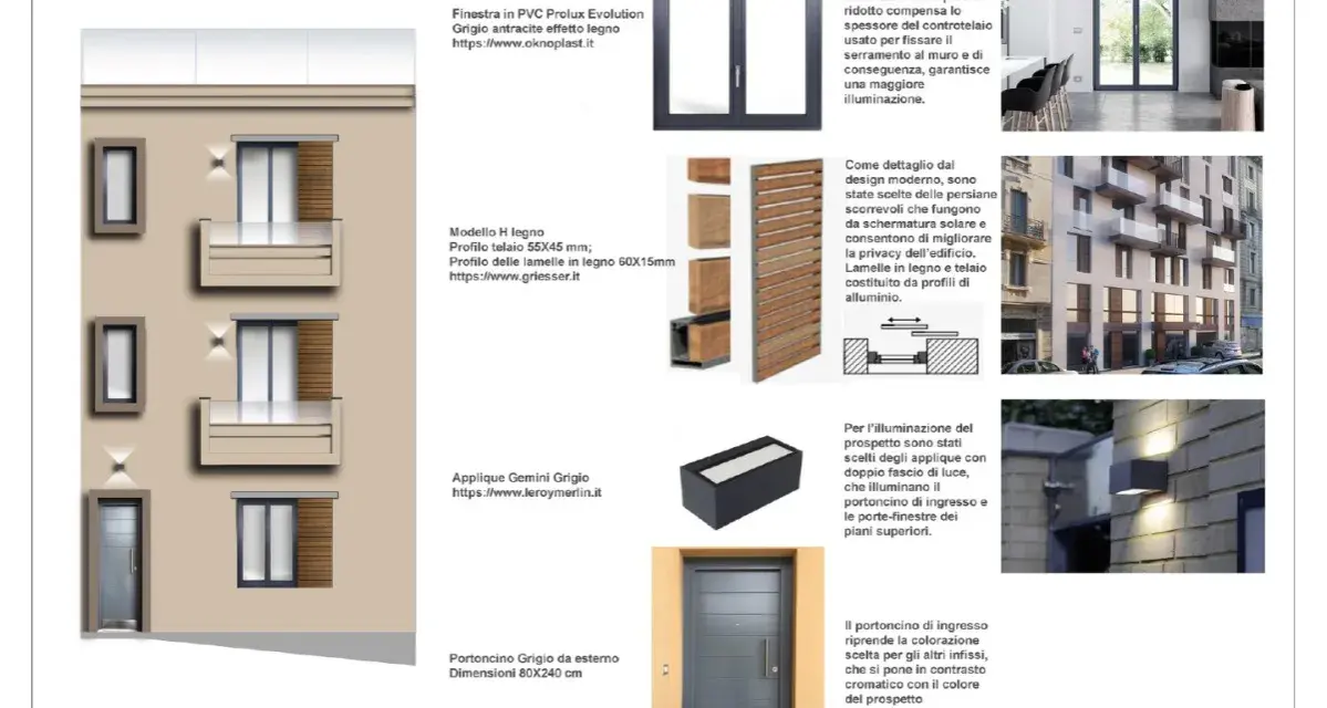 Facciate case esterne con infissi moderni, portoncini e applique luminosi.