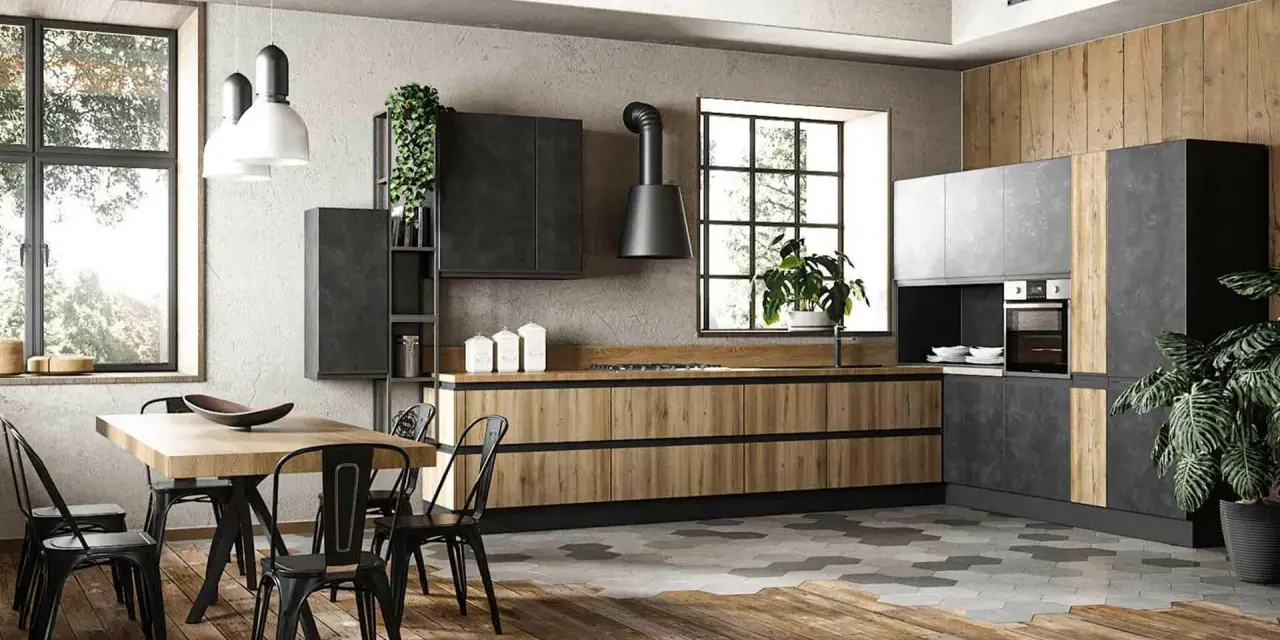 Cucina moderna con un accogliente stile industriale casa. Legno, metallo e cemento si fondono in un ambiente di design.