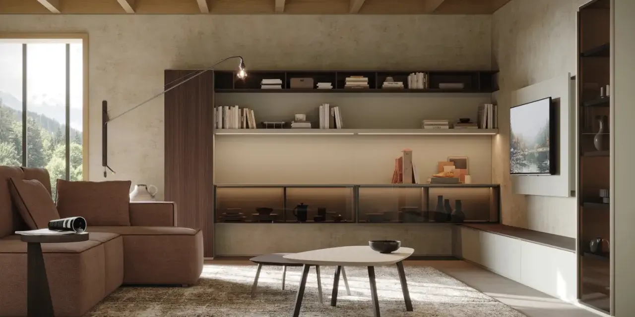 Soggiorno con divano marrone, tavolini da caffè, libreria a parete con TV e un'atmosfera di **arredamento moderno contemporaneo**.