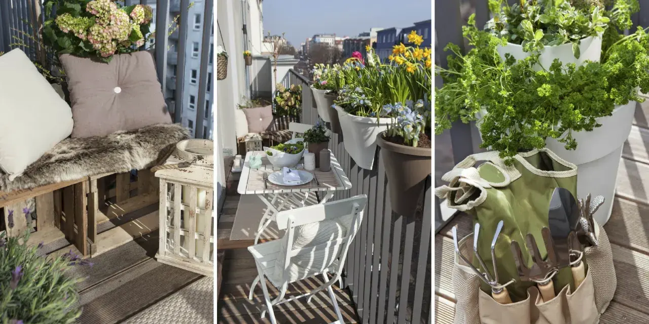 Idee per arredare balcone piccolo e stretto: un angolo relax con cuscini e pelliccia, un tavolino da esterno con fiori primaverili e un pratico set da giardinaggio.