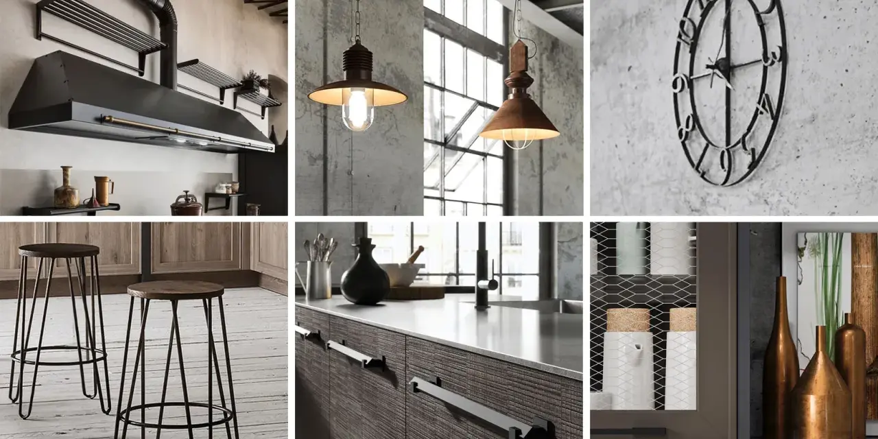 Arredamento industrial: cappa in metallo, lampade a sospensione, orologio da parete, sgabelli e dettagli di cucina.