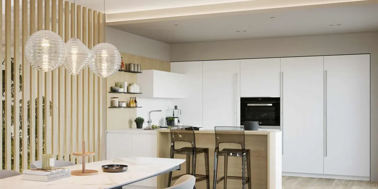 Un elegante open space moderno con cucina bianca minimalista, isola con sgabelli trasparenti e un tavolo da pranzo in marmo.