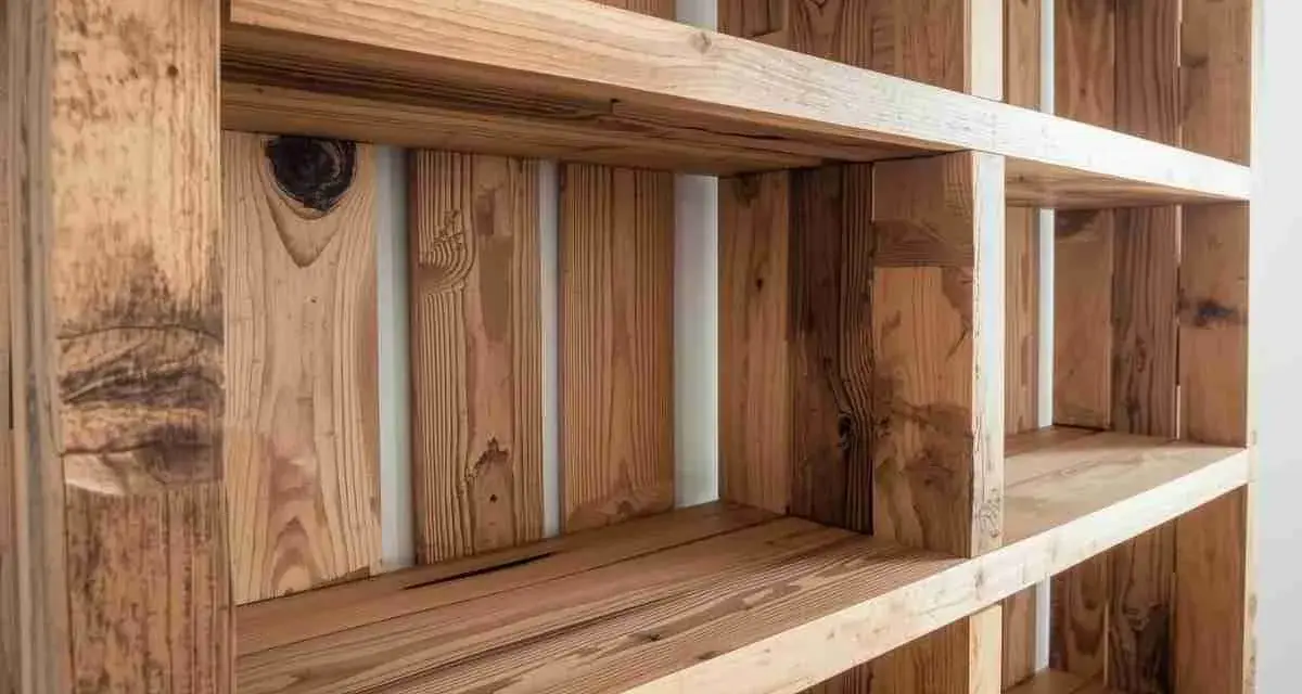 Libreria fai da te in legno grezzo, con ripiani e divisori realizzati con pallet riciclati.