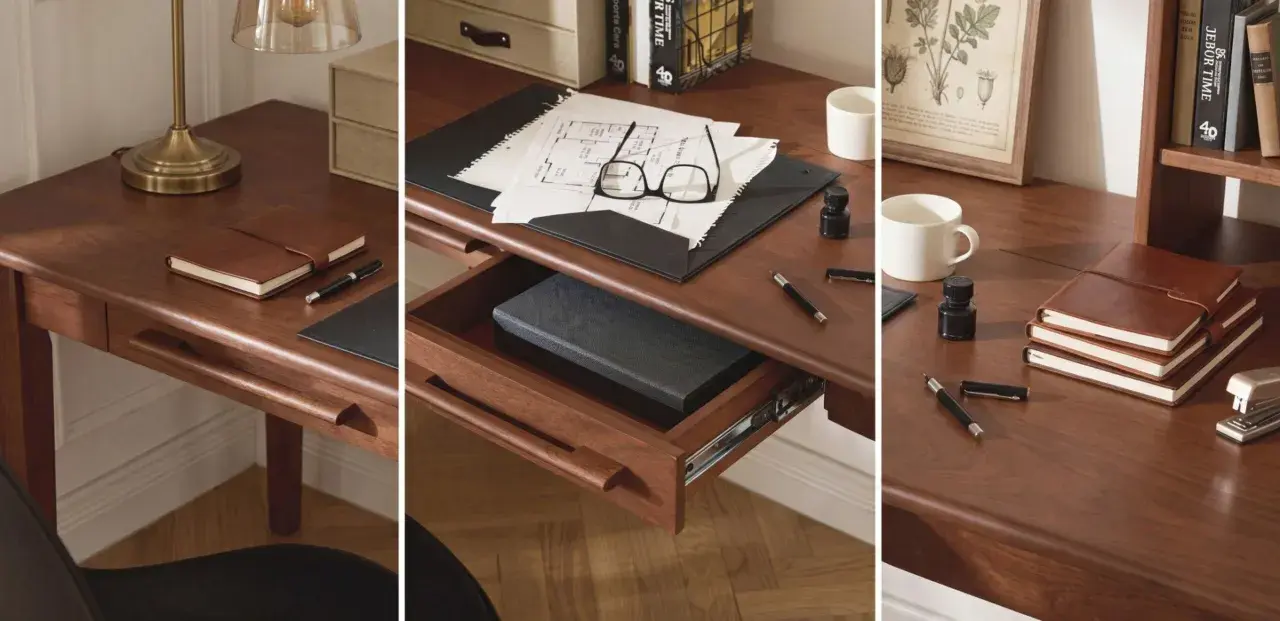 Idee organizzazione scrivania: taccuini in pelle, penne, occhiali e disegni su una scrivania in legno scuro.