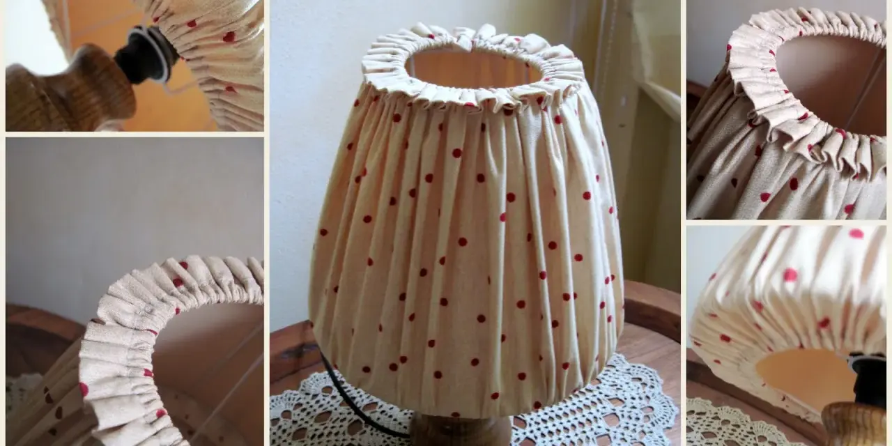 Paralume fai da te stoffa beige a pois rossi, con bordo arricciato. Le creazioni di Cris.