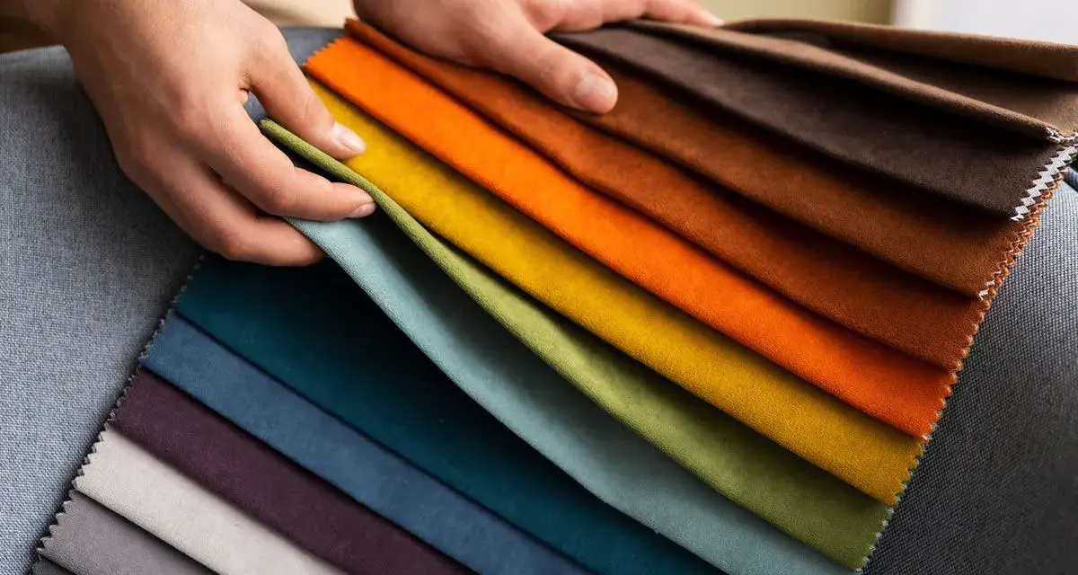 Mani che sfogliano campioni di tessuti per divani: una gamma di colori vibranti dal blu al marrone, passando per verdi, gialli e arancioni.
