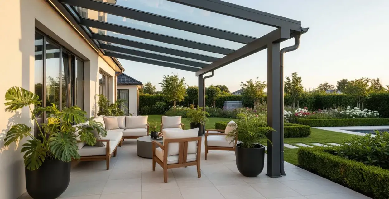 Moderne idee portico entrata casa esterno: un'oasi di relax con divani, poltrone e piante sotto una tettoia in vetro.