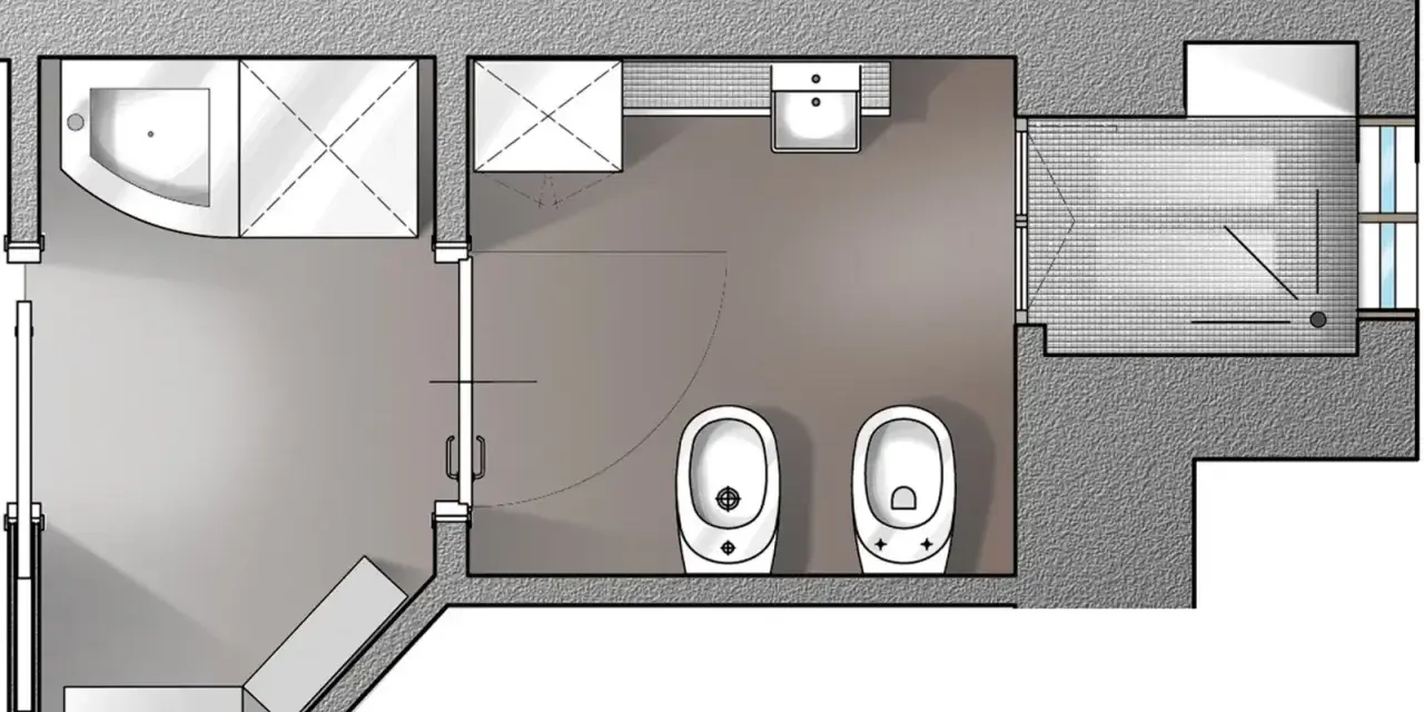 Pianta di un bagno con doccia, lavabo, due WC e un bidet, che illustra le misure minime antibagno.