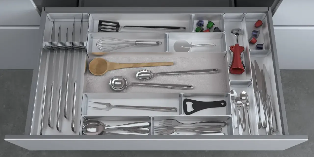 Organizzare la cucina: come fare divisori per cassetti fai da te. Utensili, coltelli e posate ordinati in un cassetto.