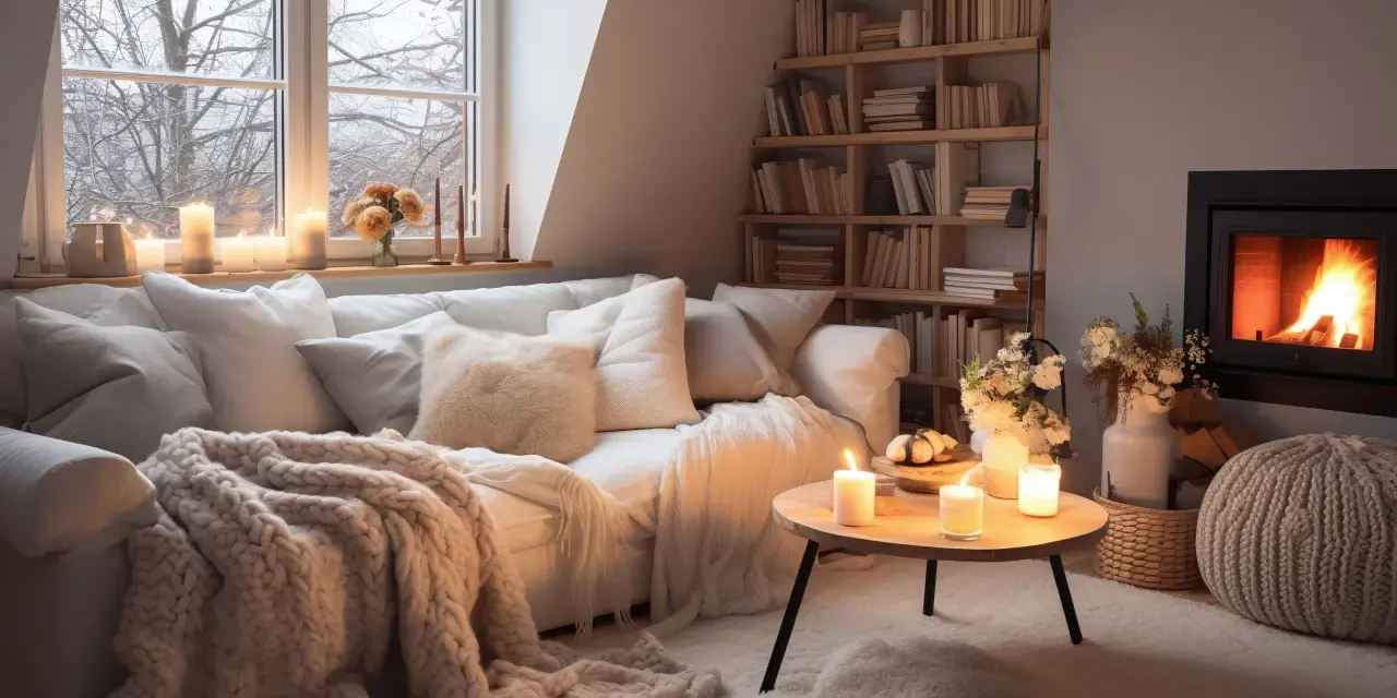Un accogliente salotto con camino acceso, divano bianco e coperte morbide. Un'atmosfera da **casa aesthetic** perfetta per rilassarsi.