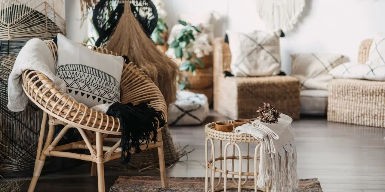 Poltrona in rattan e tavolino con dettagli in macramè, un esempio di design con materiali sostenibili che creano un'atmosfera accogliente.
