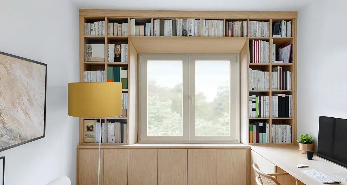 Una libreria a ponte in legno chiaro incornicia una finestra, con libri ordinati e un'area studio funzionale.