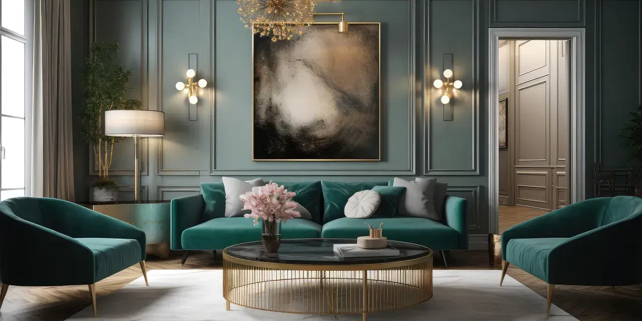 Elegante soggiorno con divano verde smeraldo, poltrone, tavolino dorato e un quadro astratto. L'arredamento vintage casa crea un'atmosfera sofisticata.
