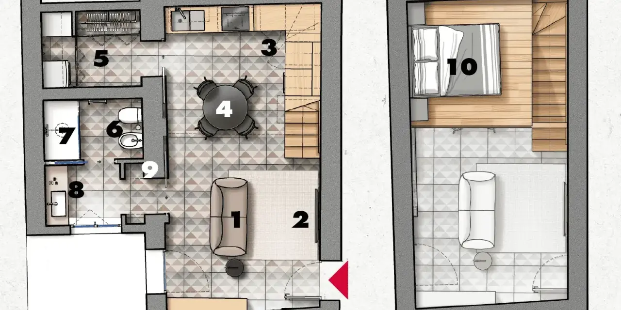 Pianta di un monolocale di 20 mq: zona giorno con divano (1) e tappeto (2), cucina (3), tavolo da pranzo (4), bagno (6, 7, 9), camera da letto soppalcata (10).