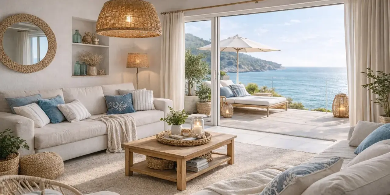 Accogliente salotto casa al mare con divani chiari, tavolino in legno e vista panoramica sull'oceano.