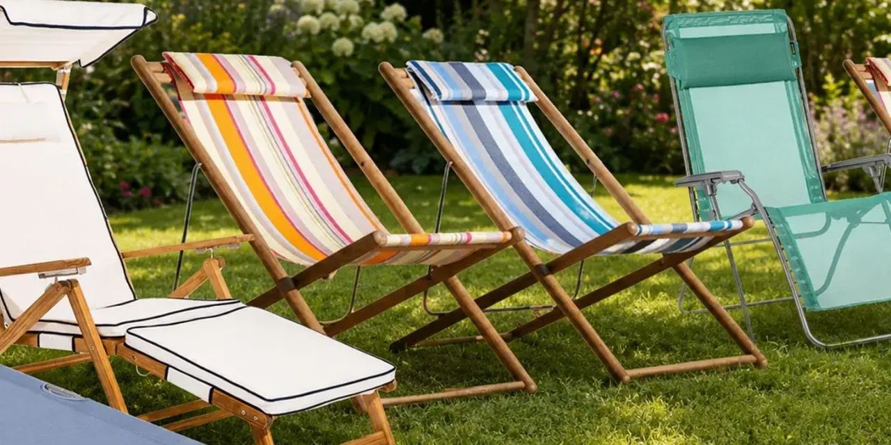 Diversi sdraio da giardino lettino colorati e bianchi, disposti sull'erba verde, pronti per il relax estivo.