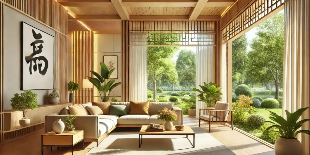 Soggiorno luminoso con divano angolare, tavolino in legno e vista su un giardino rigoglioso. L'arredamento feng shui crea un'atmosfera serena e armoniosa.