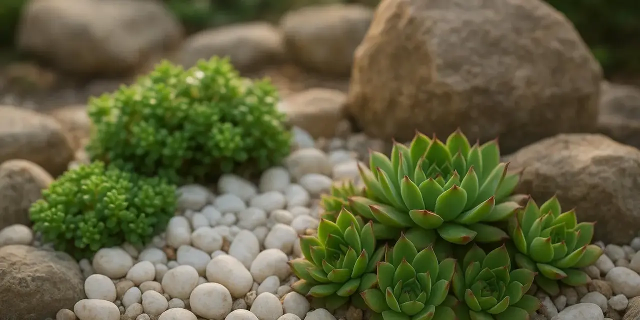 Aiuola piante grasse con rocce e ciottoli bianchi. Le succulente verdi spiccano tra i sassi.
