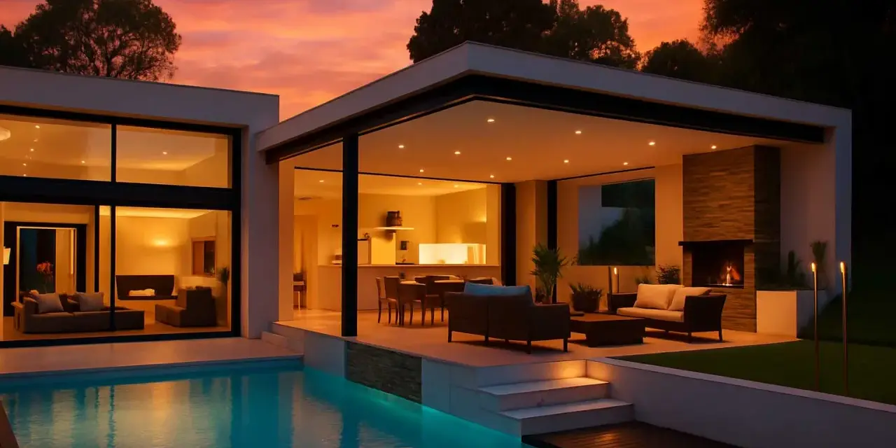 Un tramonto infuocato illumina queste case bellissime con piscina, camino e arredi esterni.