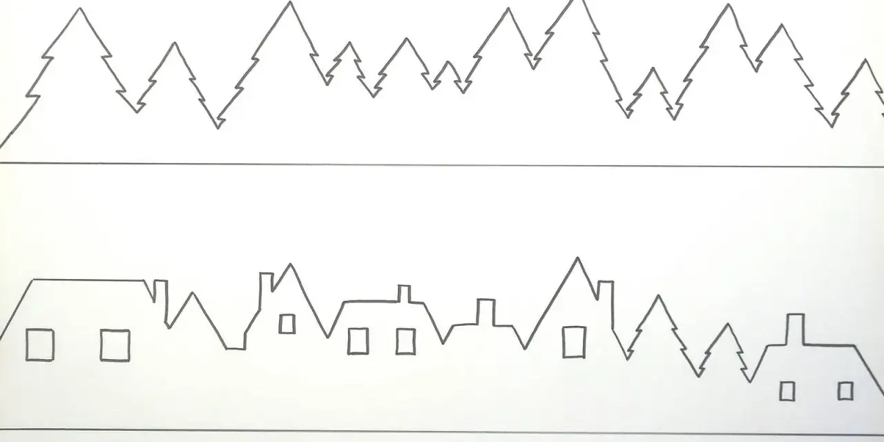 Disegni stilizzati di alberi di Natale e case con finestre quadrate, evocano un'atmosfera natalizia.