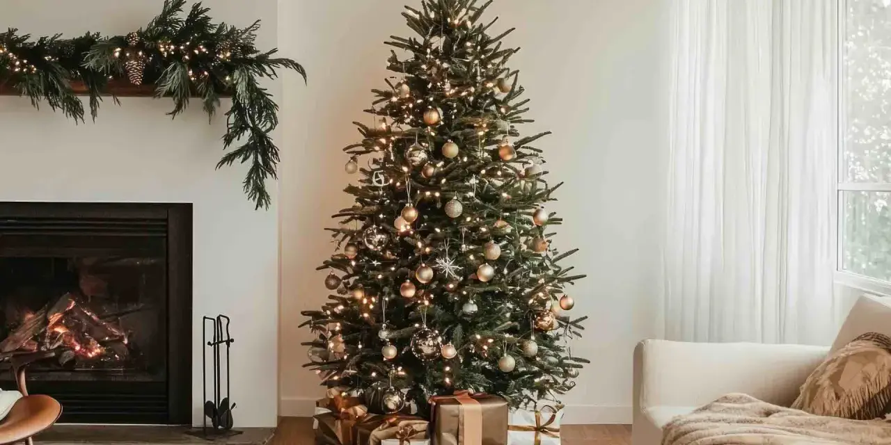 Un albero di Natale come addobbarlo: luci calde, palline dorate e regali sotto. Un camino acceso e una ghirlanda completano l'atmosfera festiva.