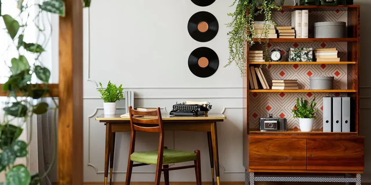 Scrivania con macchina da scrivere e sedia verde, libreria con dischi in vinile e piante. Perfette idee arredamento vintage per un angolo studio.